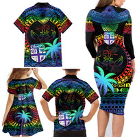 Fiji LGBT Family Matching Long Sleeve Bodycon Dress and Hawaiian Shirt Love Is Love Tapa Pattern Rainbow Water Color LT9 - Polynesian Pride