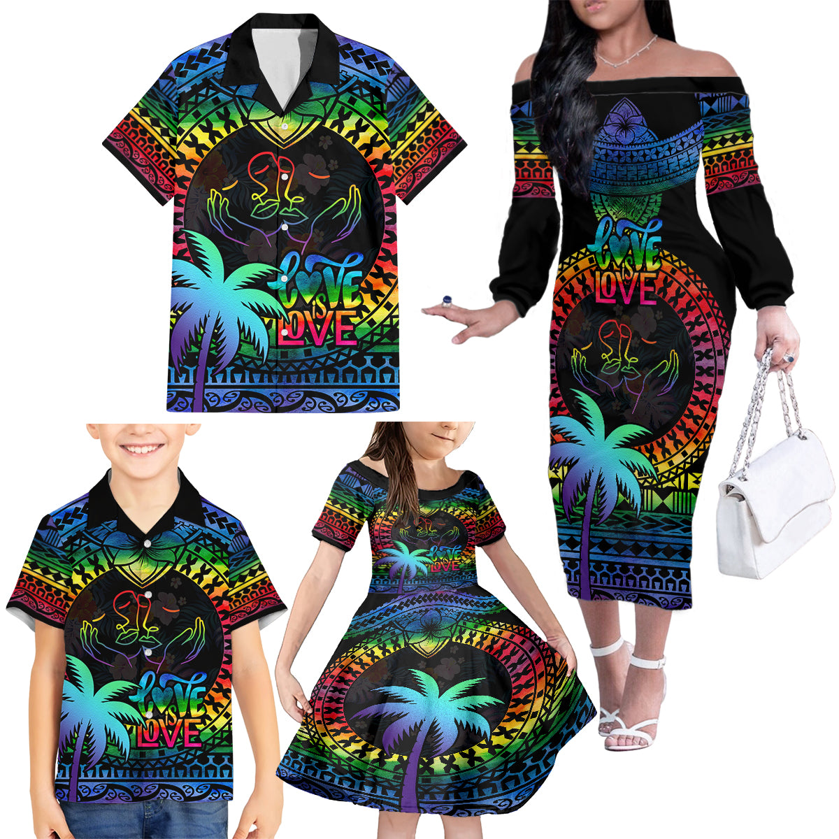 Fiji LGBT Family Matching Off Shoulder Long Sleeve Dress and Hawaiian Shirt Love Is Love Tapa Pattern Rainbow Water Color LT9 - Polynesian Pride