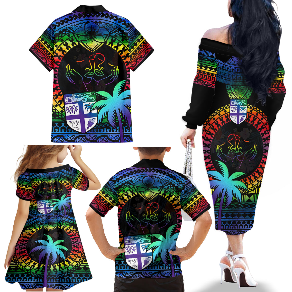 Fiji LGBT Family Matching Off Shoulder Long Sleeve Dress and Hawaiian Shirt Love Is Love Tapa Pattern Rainbow Water Color LT9 - Polynesian Pride