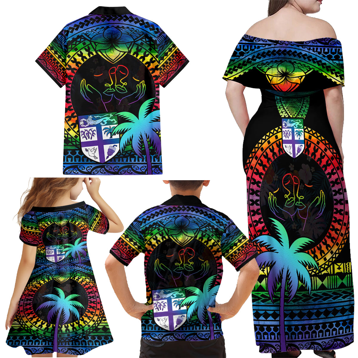 Fiji LGBT Family Matching Off Shoulder Maxi Dress and Hawaiian Shirt Love Is Love Tapa Pattern Rainbow Water Color LT9 - Polynesian Pride