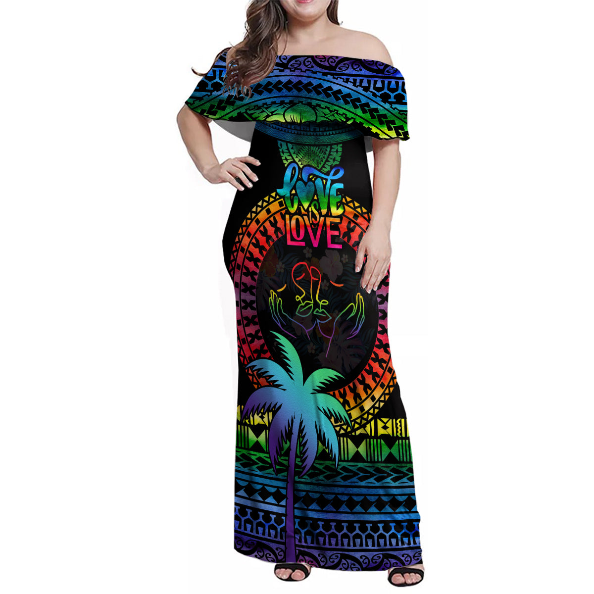 Fiji LGBT Family Matching Off Shoulder Maxi Dress and Hawaiian Shirt Love Is Love Tapa Pattern Rainbow Water Color LT9 Mom's Dress Black - Polynesian Pride