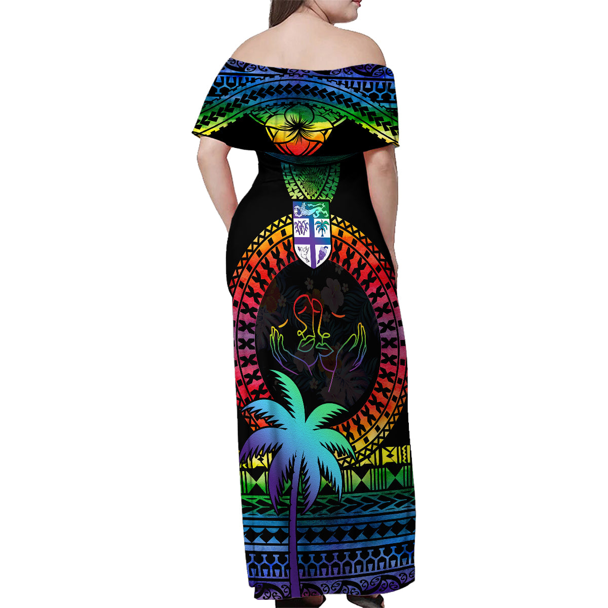 Fiji LGBT Family Matching Off Shoulder Maxi Dress and Hawaiian Shirt Love Is Love Tapa Pattern Rainbow Water Color LT9 - Polynesian Pride