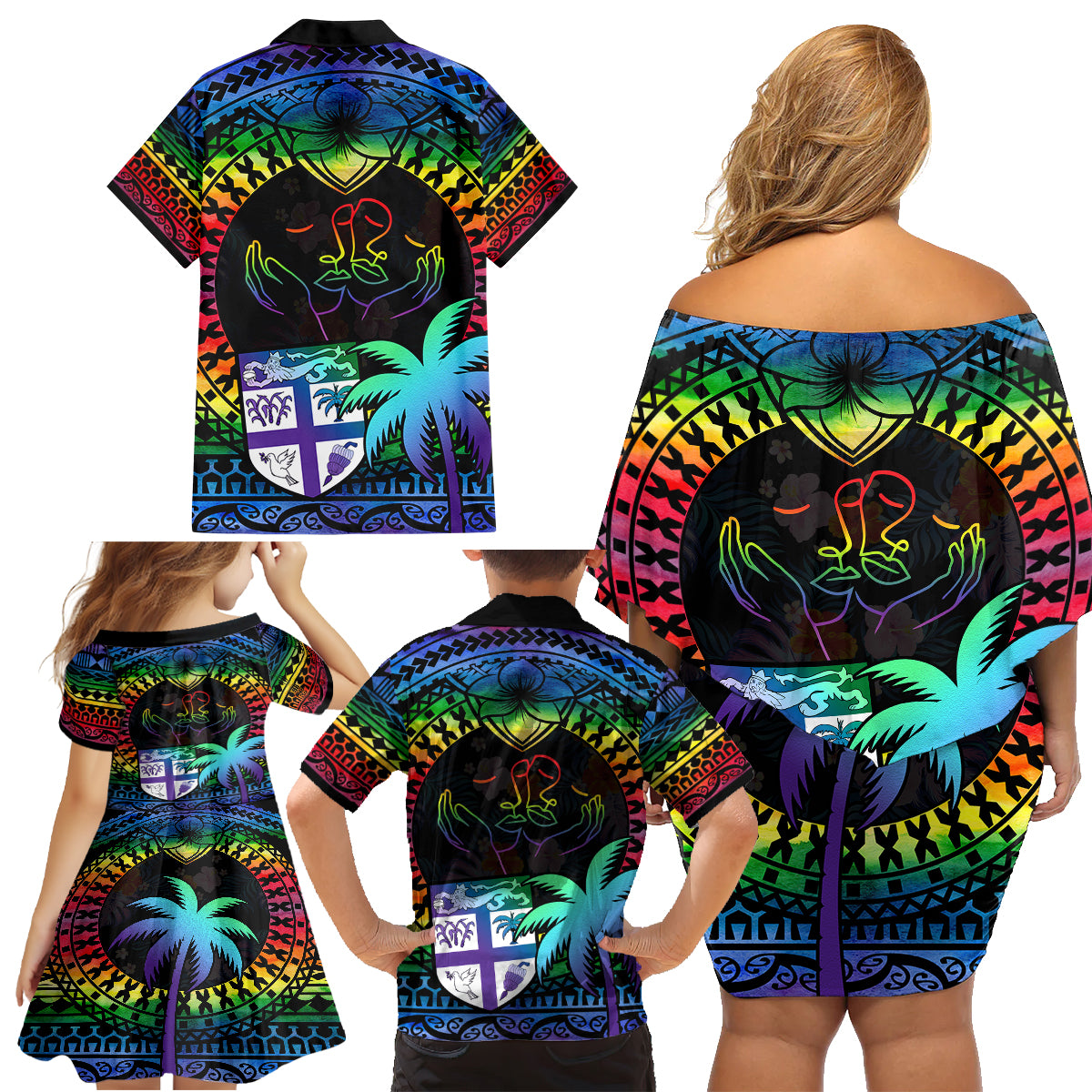 Fiji LGBT Family Matching Off Shoulder Short Dress and Hawaiian Shirt Love Is Love Tapa Pattern Rainbow Water Color LT9 - Polynesian Pride