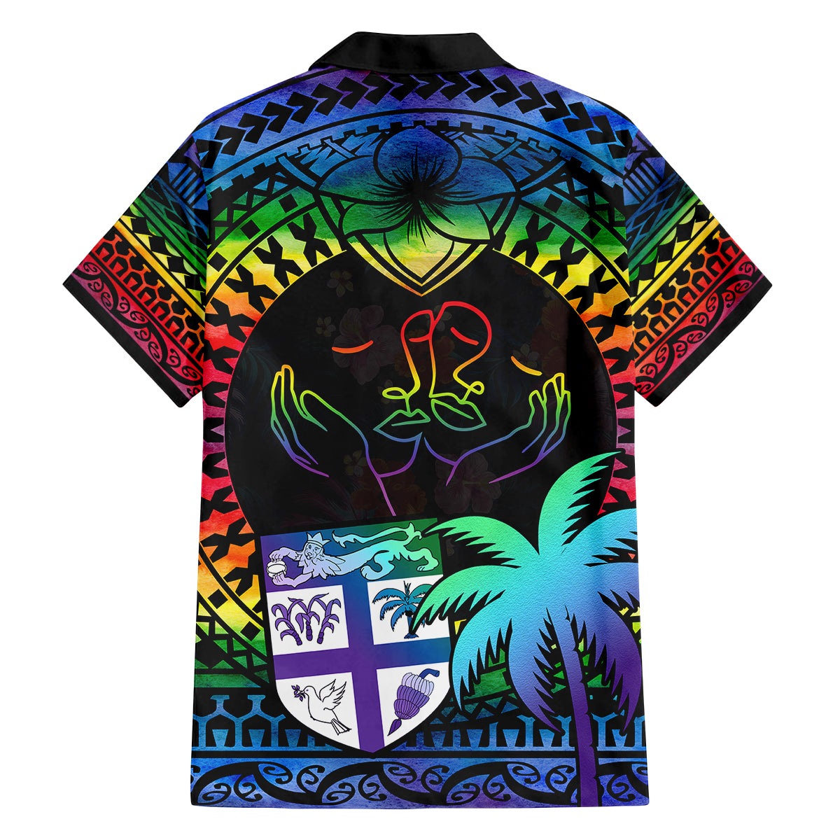 Fiji LGBT Family Matching Off Shoulder Short Dress and Hawaiian Shirt Love Is Love Tapa Pattern Rainbow Water Color LT9 - Polynesian Pride