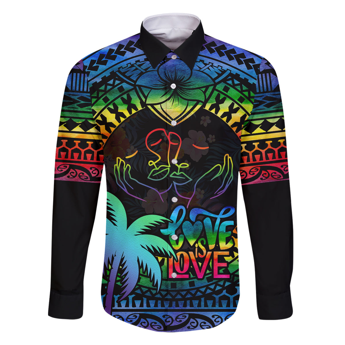 Fiji LGBT Family Matching Off Shoulder Short Dress and Hawaiian Shirt Love Is Love Tapa Pattern Rainbow Water Color LT9 Dad's Shirt - Long Sleeve Black - Polynesian Pride