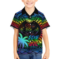 Fiji LGBT Family Matching Off Shoulder Short Dress and Hawaiian Shirt Love Is Love Tapa Pattern Rainbow Water Color LT9 Son's Shirt Black - Polynesian Pride
