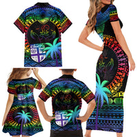 Fiji LGBT Family Matching Short Sleeve Bodycon Dress and Hawaiian Shirt Love Is Love Tapa Pattern Rainbow Water Color LT9 - Polynesian Pride