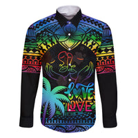 Fiji LGBT Family Matching Summer Maxi Dress and Hawaiian Shirt Love Is Love Tapa Pattern Rainbow Water Color LT9 Dad's Shirt - Long Sleeve Black - Polynesian Pride