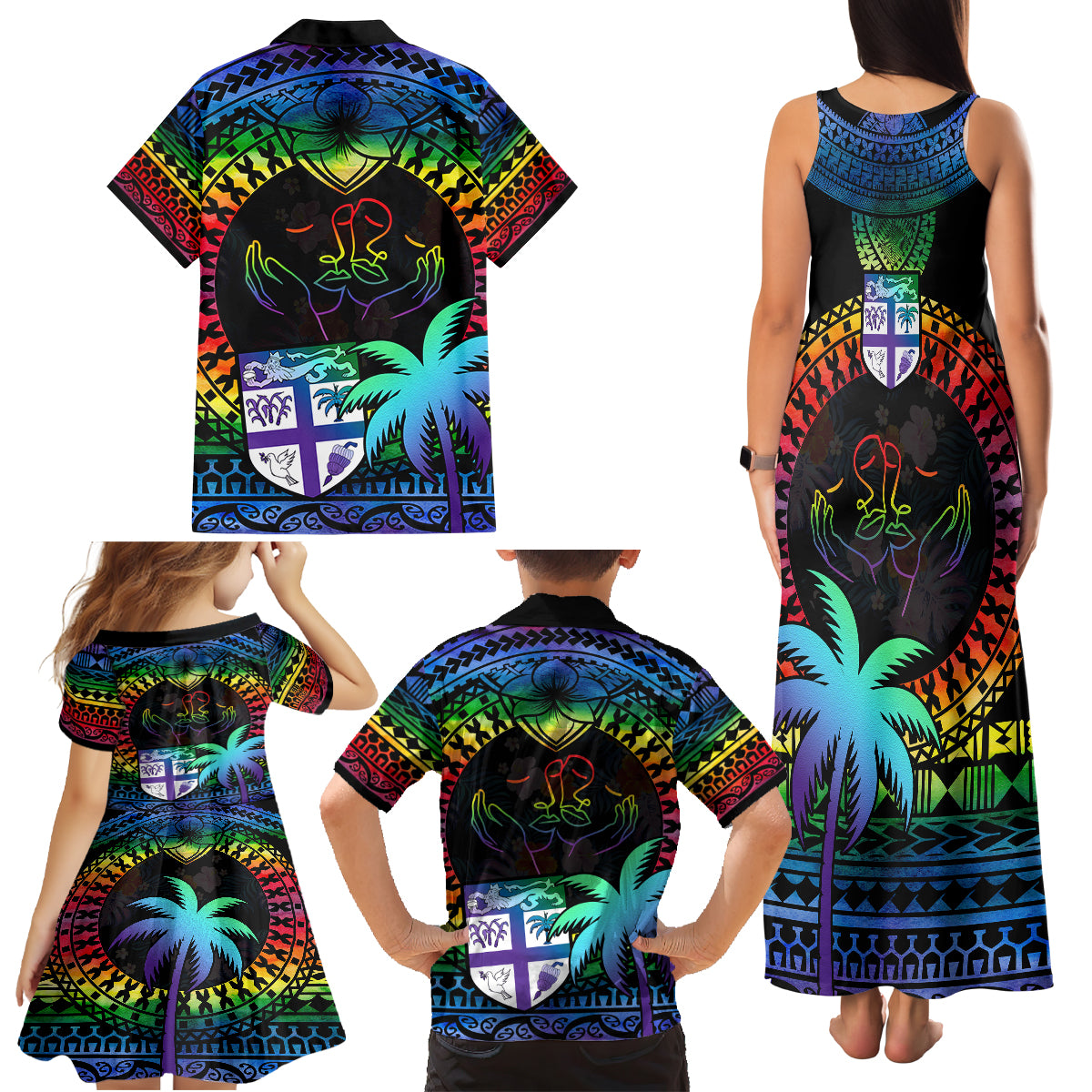 Fiji LGBT Family Matching Tank Maxi Dress and Hawaiian Shirt Love Is Love Tapa Pattern Rainbow Water Color LT9 - Polynesian Pride