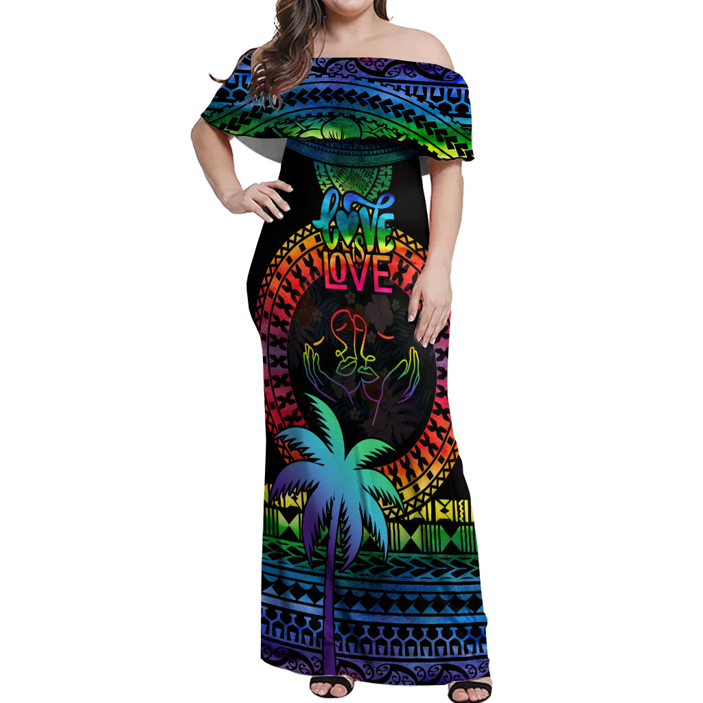 Fiji LGBT Off Shoulder Maxi Dress Love Is Love Tapa Pattern Rainbow Water Color LT9 Women Black - Polynesian Pride