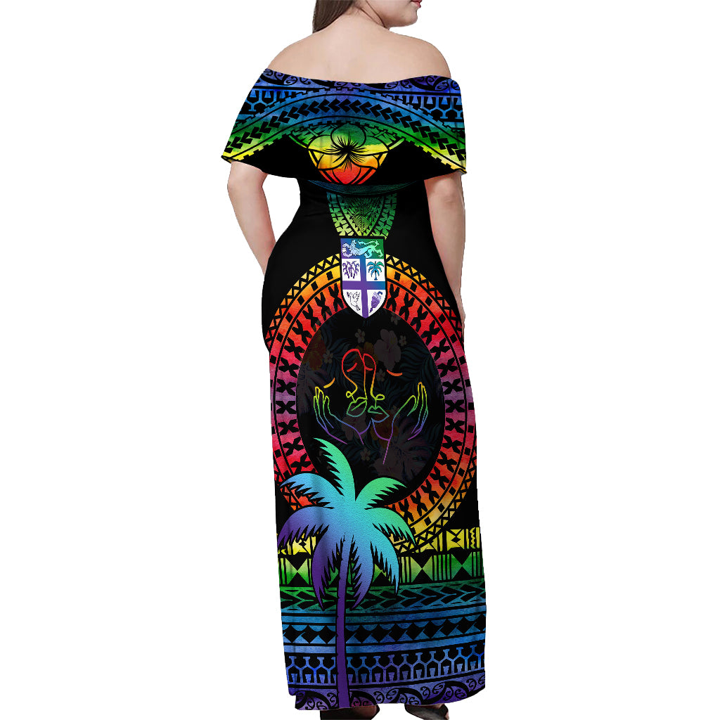 Fiji LGBT Off Shoulder Maxi Dress Love Is Love Tapa Pattern Rainbow Water Color LT9 - Polynesian Pride