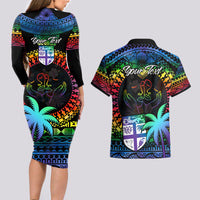 Personalised Fiji LGBT Couples Matching Long Sleeve Bodycon Dress and Hawaiian Shirt Love Is Love Tapa Pattern Rainbow Water Color LT9 - Polynesian Pride