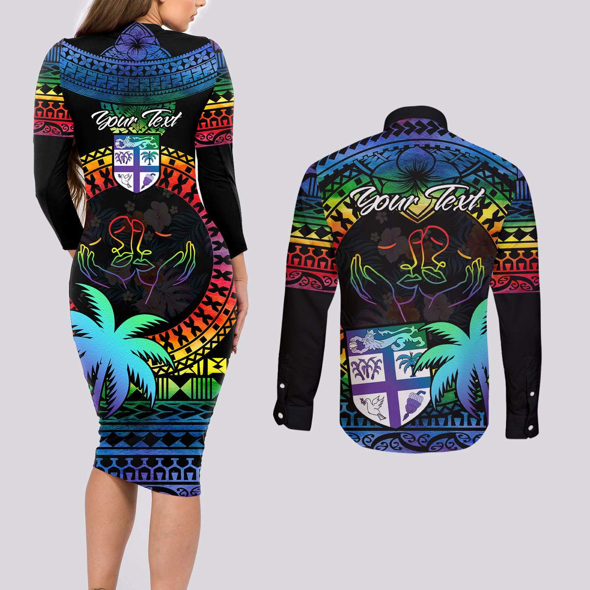 Personalised Fiji LGBT Couples Matching Long Sleeve Bodycon Dress and Long Sleeve Button Shirts Love Is Love Tapa Pattern Rainbow Water Color LT9 - Polynesian Pride