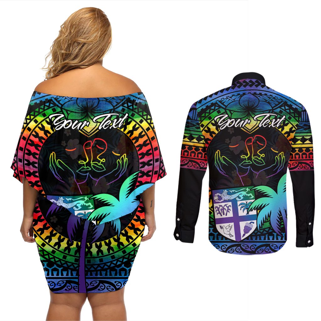 Personalised Fiji LGBT Couples Matching Off Shoulder Short Dress and Long Sleeve Button Shirts Love Is Love Tapa Pattern Rainbow Water Color LT9 - Polynesian Pride