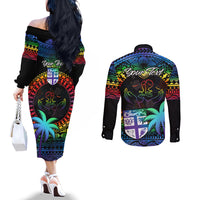 Personalised Fiji LGBT Couples Matching Off The Shoulder Long Sleeve Dress and Long Sleeve Button Shirts Love Is Love Tapa Pattern Rainbow Water Color LT9 - Polynesian Pride