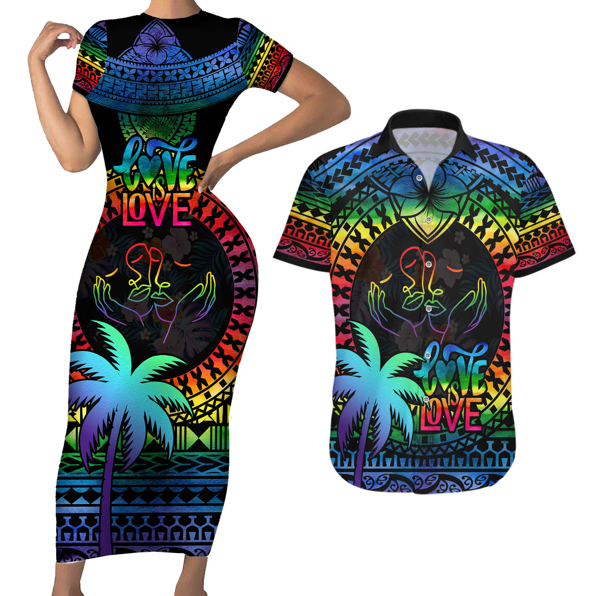 Personalised Fiji LGBT Couples Matching Short Sleeve Bodycon Dress and Hawaiian Shirt Love Is Love Tapa Pattern Rainbow Water Color LT9 Black - Polynesian Pride