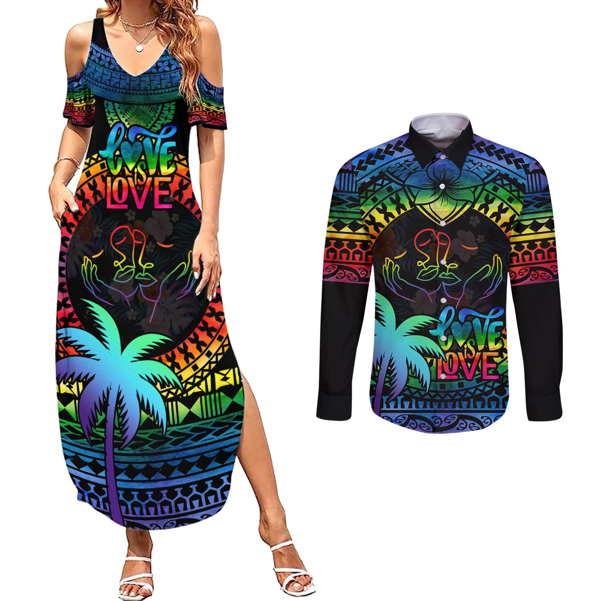 Personalised Fiji LGBT Couples Matching Summer Maxi Dress and Long Sleeve Button Shirts Love Is Love Tapa Pattern Rainbow Water Color LT9 Black - Polynesian Pride