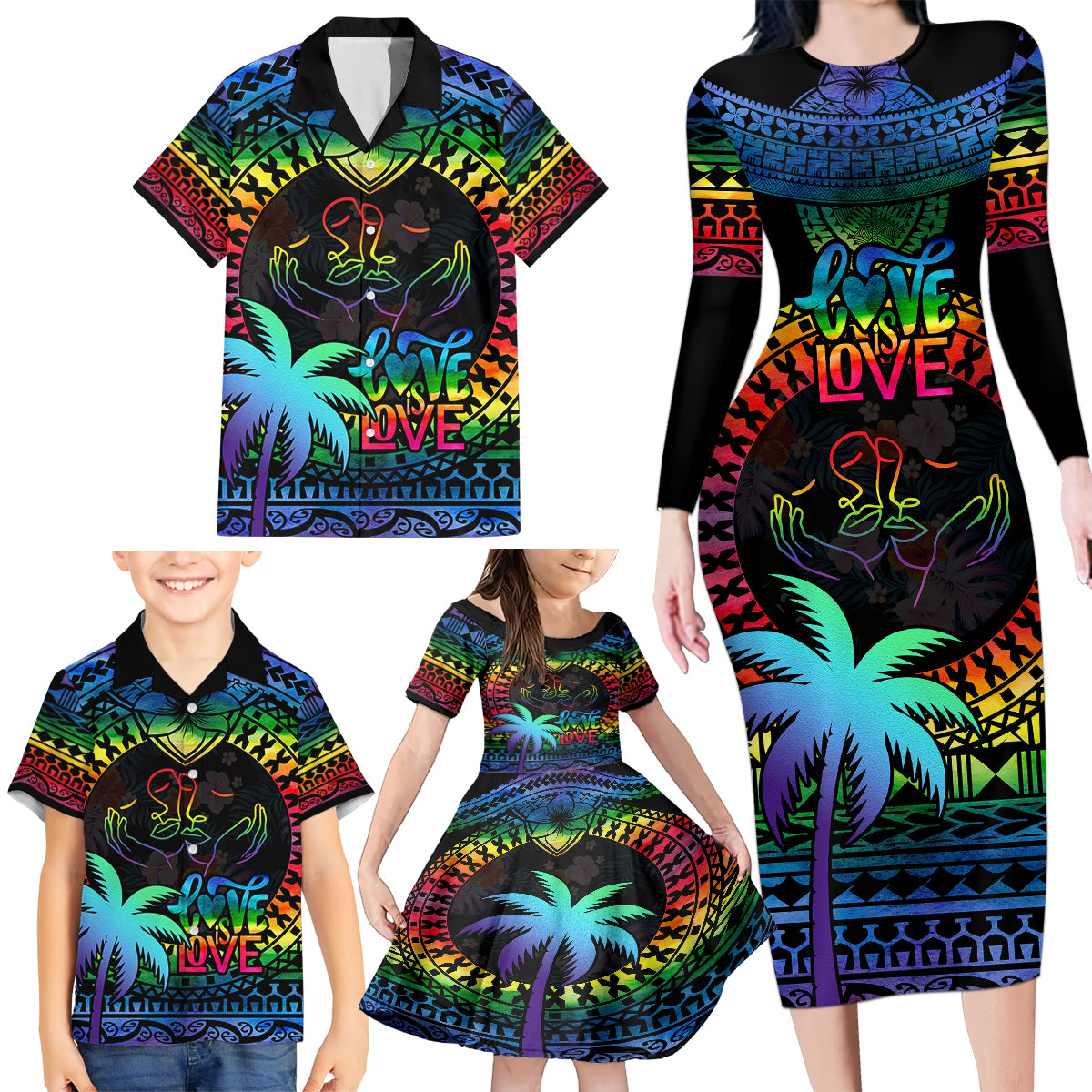 Personalised Fiji LGBT Family Matching Long Sleeve Bodycon Dress and Hawaiian Shirt Love Is Love Tapa Pattern Rainbow Water Color LT9 - Polynesian Pride
