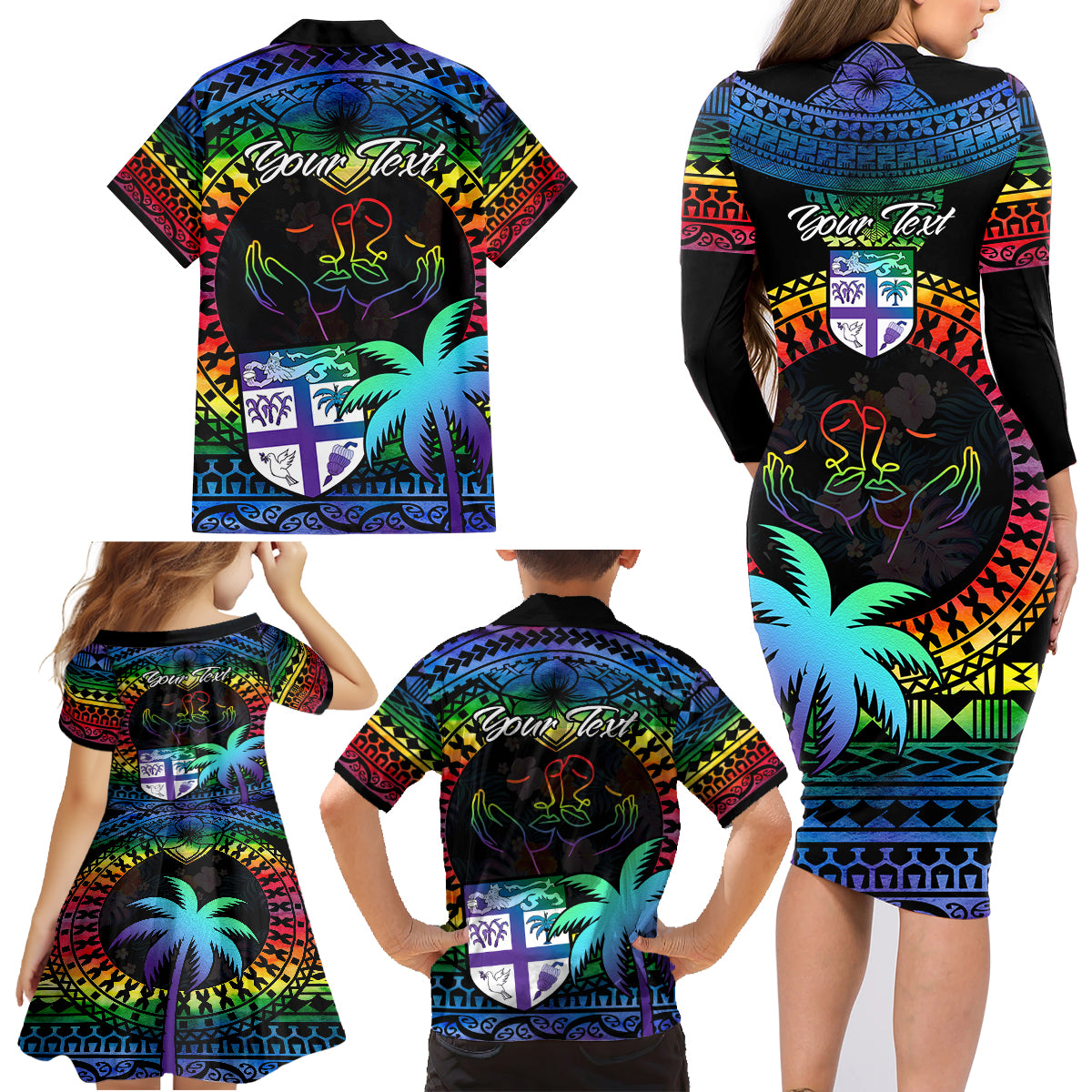 Personalised Fiji LGBT Family Matching Long Sleeve Bodycon Dress and Hawaiian Shirt Love Is Love Tapa Pattern Rainbow Water Color LT9 - Polynesian Pride