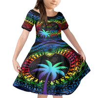 Personalised Fiji LGBT Family Matching Mermaid Dress and Hawaiian Shirt Love Is Love Tapa Pattern Rainbow Water Color LT9 Daughter's Dress Black - Polynesian Pride