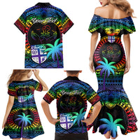 Personalised Fiji LGBT Family Matching Mermaid Dress and Hawaiian Shirt Love Is Love Tapa Pattern Rainbow Water Color LT9 - Polynesian Pride
