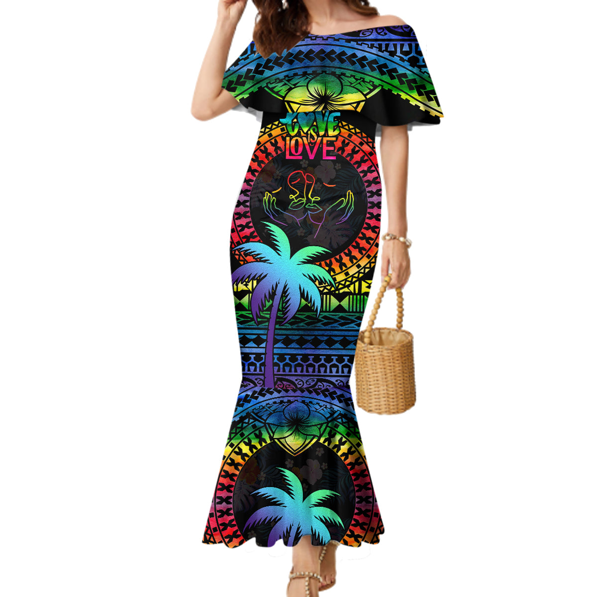 Personalised Fiji LGBT Family Matching Mermaid Dress and Hawaiian Shirt Love Is Love Tapa Pattern Rainbow Water Color LT9 Mom's Dress Black - Polynesian Pride