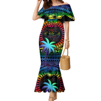 Personalised Fiji LGBT Family Matching Mermaid Dress and Hawaiian Shirt Love Is Love Tapa Pattern Rainbow Water Color LT9 Mom's Dress Black - Polynesian Pride