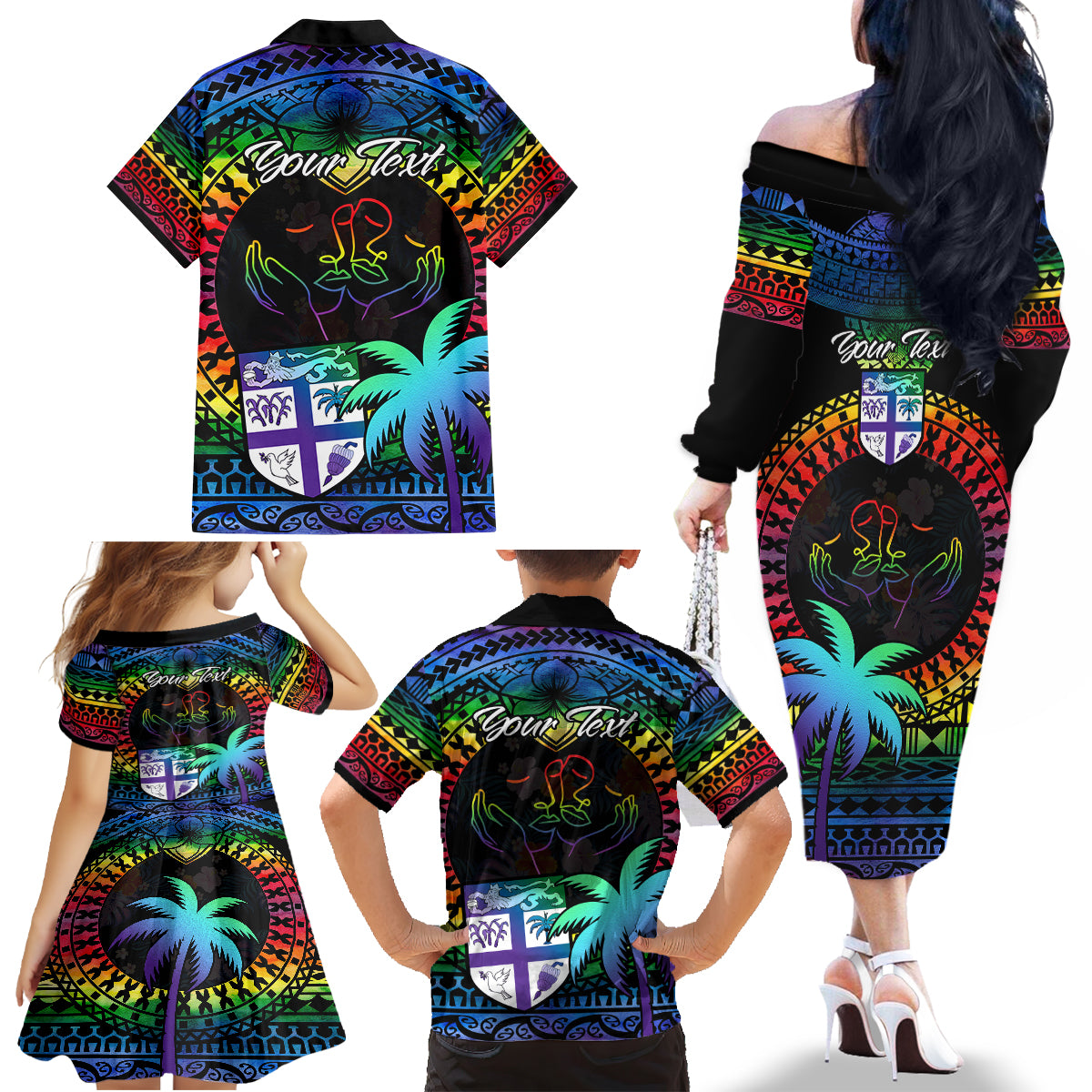 Personalised Fiji LGBT Family Matching Off Shoulder Long Sleeve Dress and Hawaiian Shirt Love Is Love Tapa Pattern Rainbow Water Color LT9 - Polynesian Pride