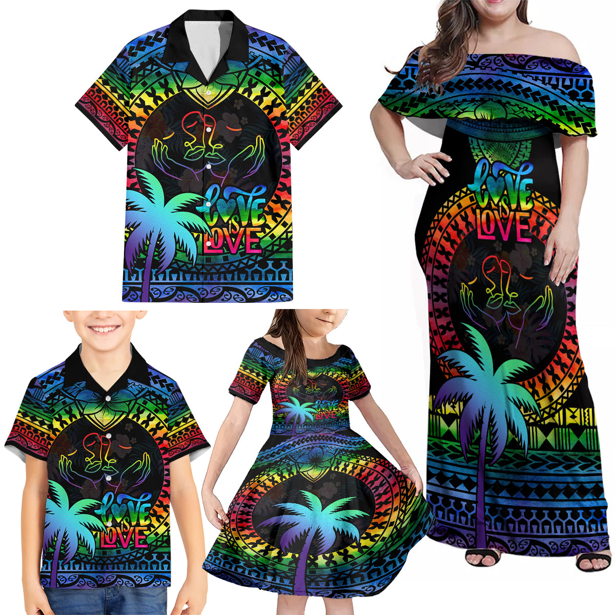 Personalised Fiji LGBT Family Matching Off Shoulder Maxi Dress and Hawaiian Shirt Love Is Love Tapa Pattern Rainbow Water Color LT9 - Polynesian Pride