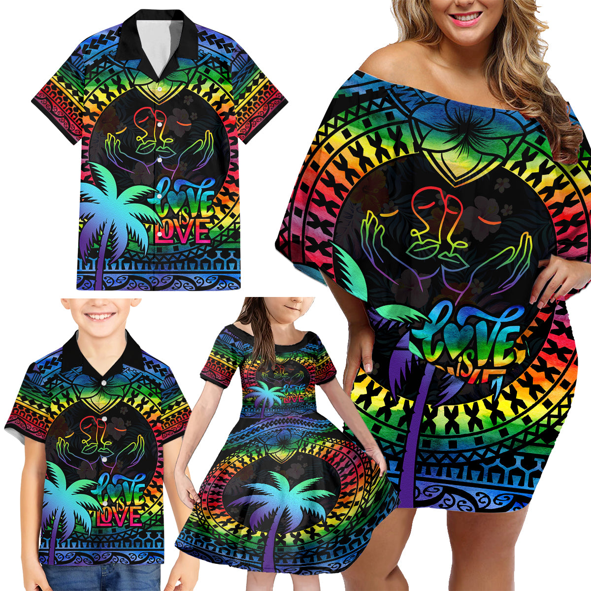 Personalised Fiji LGBT Family Matching Off Shoulder Short Dress and Hawaiian Shirt Love Is Love Tapa Pattern Rainbow Water Color LT9 - Polynesian Pride