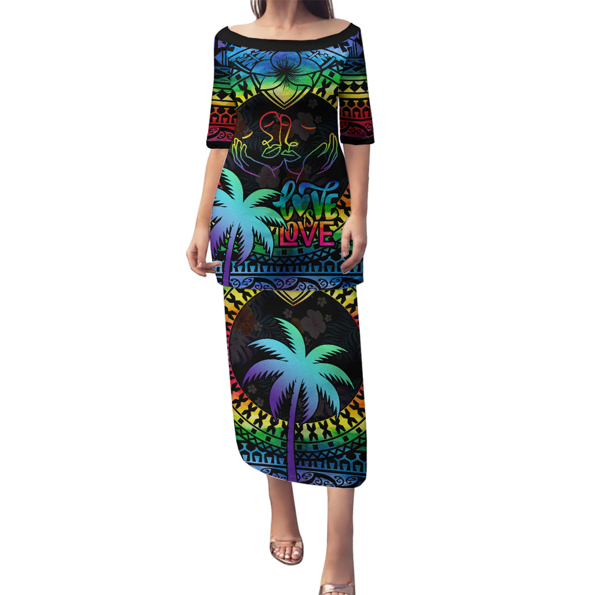 Personalised Fiji LGBT Family Matching Puletasi Dress and Hawaiian Shirt Love Is Love Tapa Pattern Rainbow Water Color LT9 Mom's Dress Black - Polynesian Pride
