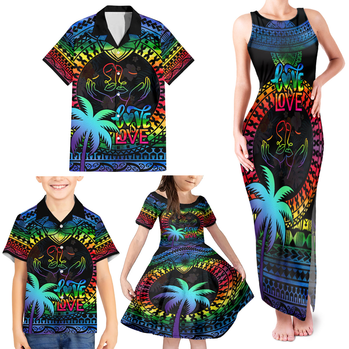 Personalised Fiji LGBT Family Matching Tank Maxi Dress and Hawaiian Shirt Love Is Love Tapa Pattern Rainbow Water Color LT9 - Polynesian Pride