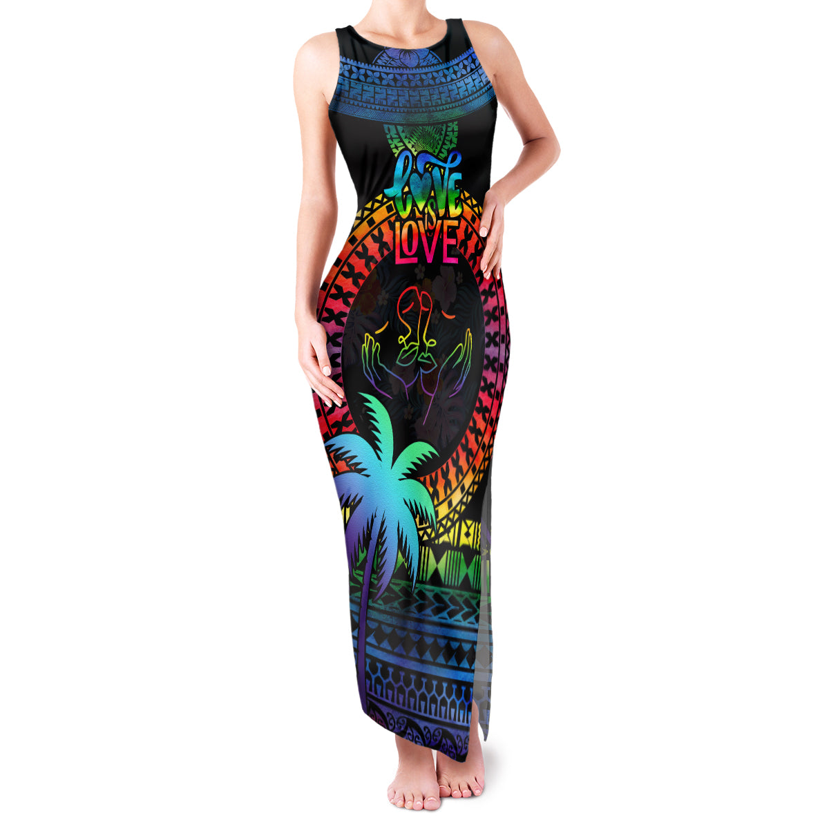 Personalised Fiji LGBT Family Matching Tank Maxi Dress and Hawaiian Shirt Love Is Love Tapa Pattern Rainbow Water Color LT9 Mom's Dress Black - Polynesian Pride