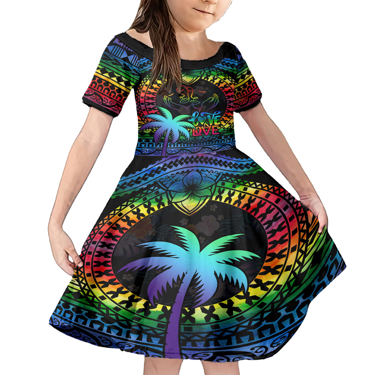 Personalised Fiji LGBT Kid Short Sleeve Dress Love Is Love Tapa Pattern Rainbow Water Color LT9 KID Black - Polynesian Pride