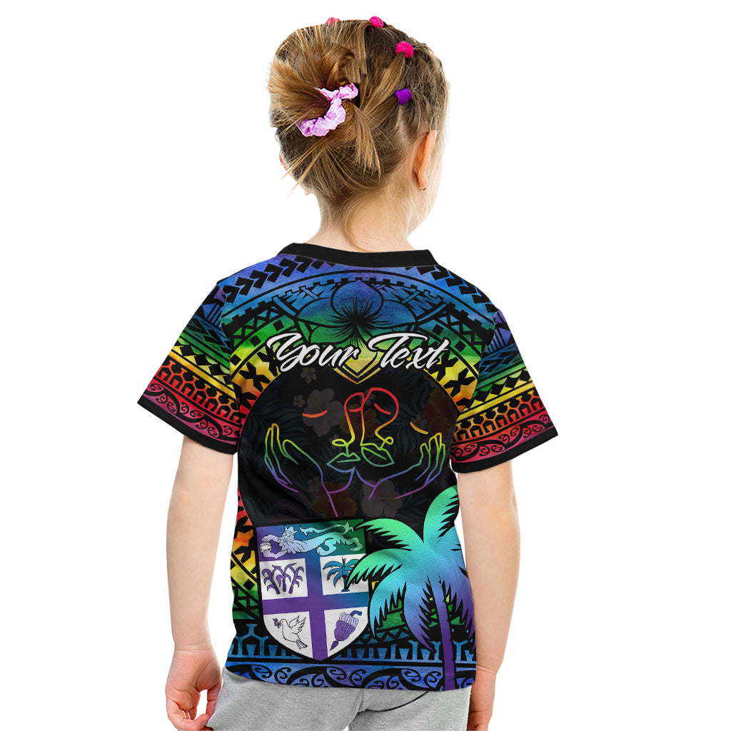 Personalised Fiji LGBT Kid T Shirt Love Is Love Tapa Pattern Rainbow Water Color LT9 - Polynesian Pride