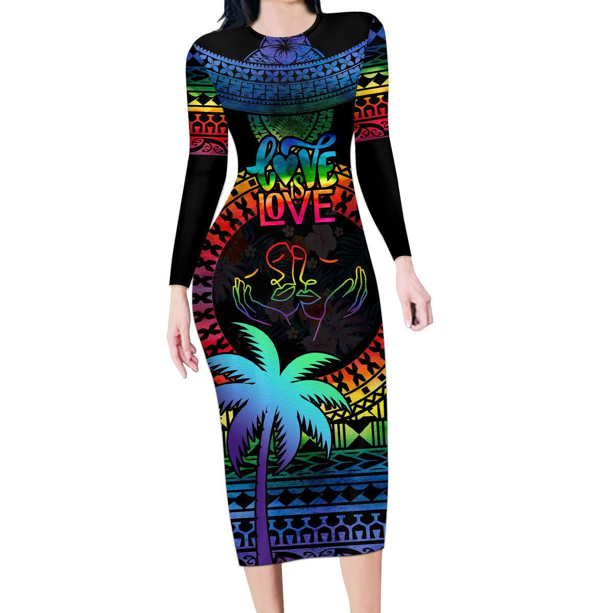 Personalised Fiji LGBT Long Sleeve Bodycon Dress Love Is Love Tapa Pattern Rainbow Water Color LT9 Long Dress Black - Polynesian Pride