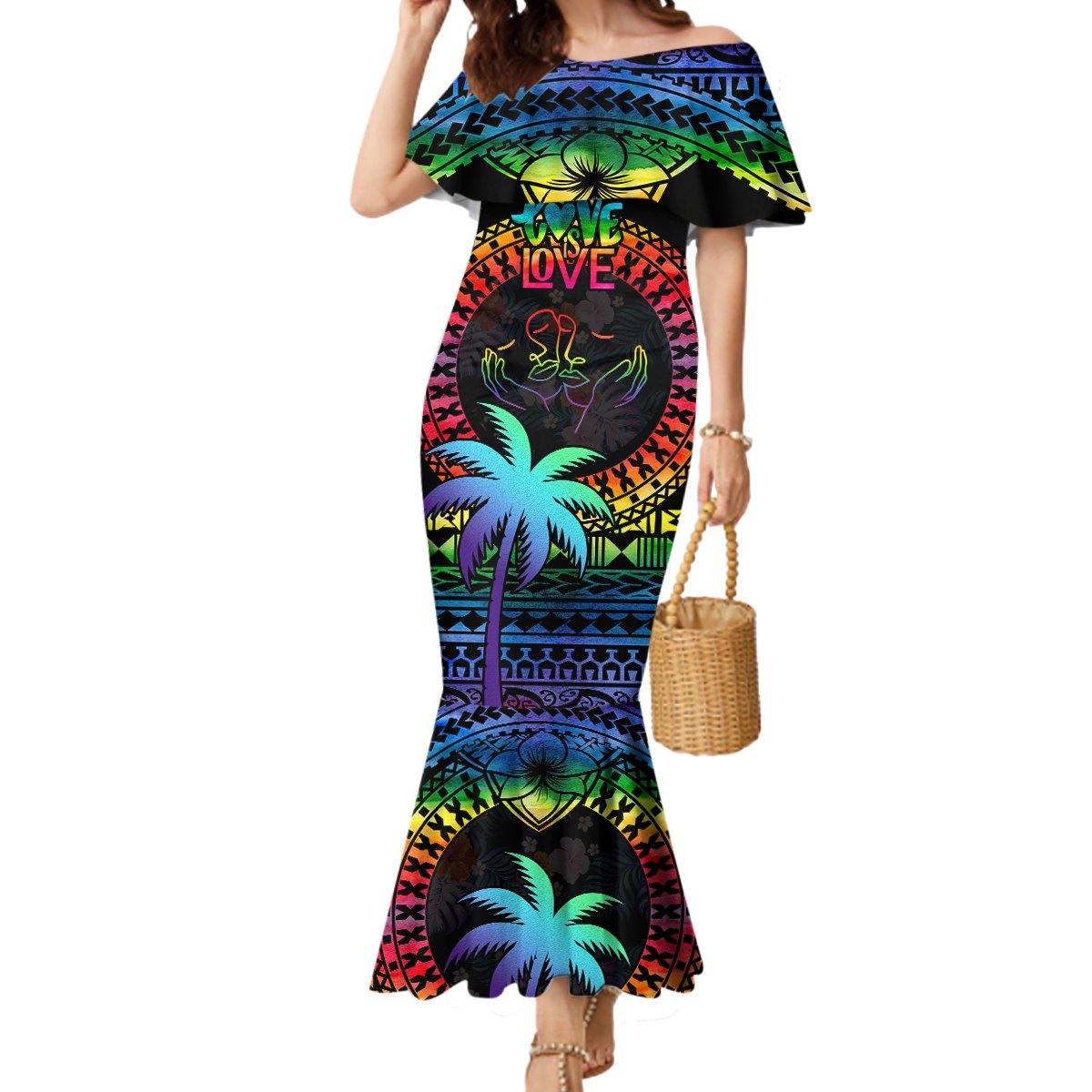 Personalised Fiji LGBT Mermaid Dress Love Is Love Tapa Pattern Rainbow Water Color LT9 Women Black - Polynesian Pride