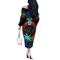 Personalised Fiji LGBT Off The Shoulder Long Sleeve Dress Love Is Love Tapa Pattern Rainbow Water Color LT9 - Polynesian Pride