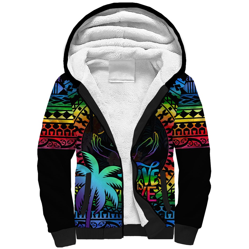 Personalised Fiji LGBT Sherpa Hoodie Love Is Love Tapa Pattern Rainbow Water Color LT9 Unisex Black - Polynesian Pride