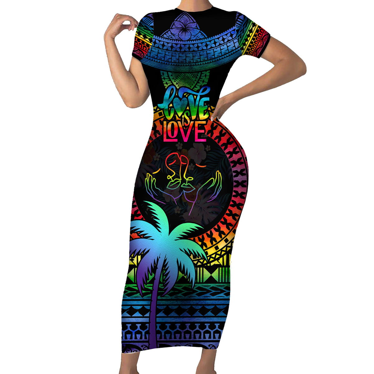 Personalised Fiji LGBT Short Sleeve Bodycon Dress Love Is Love Tapa Pattern Rainbow Water Color LT9 Long Dress Black - Polynesian Pride