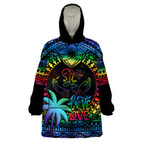 Personalised Fiji LGBT Wearable Blanket Hoodie Love Is Love Tapa Pattern Rainbow Water Color LT9 One Size Black - Polynesian Pride