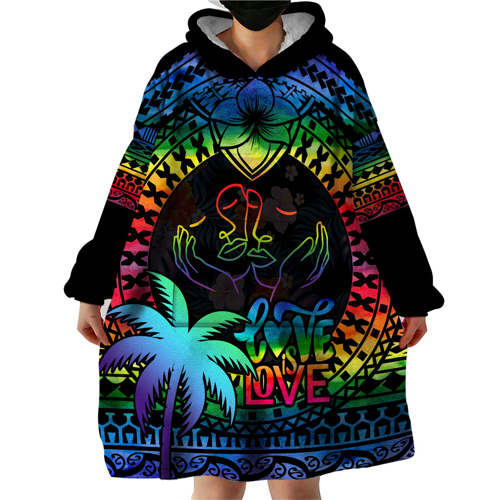 Personalised Fiji LGBT Wearable Blanket Hoodie Love Is Love Tapa Pattern Rainbow Water Color LT9 - Polynesian Pride
