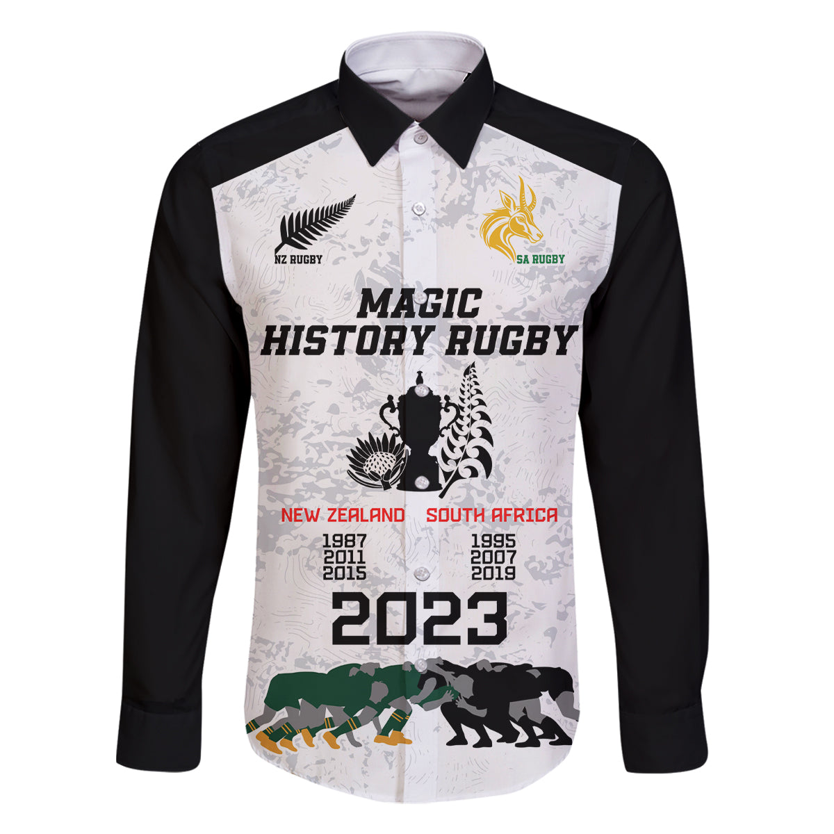 New Zealand South Africa Rugby Family Matching Off Shoulder Maxi Dress and Hawaiian Shirt History Commemorative World Cup Winners Unique LT9 Dad's Shirt - Long Sleeve White - Polynesian Pride