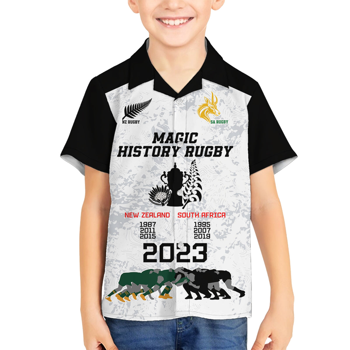 Custom New Zealand South Africa Rugby Family Matching Summer Maxi Dress and Hawaiian Shirt History Commemorative World Cup Winners Unique LT9 Son's Shirt White - Polynesian Pride
