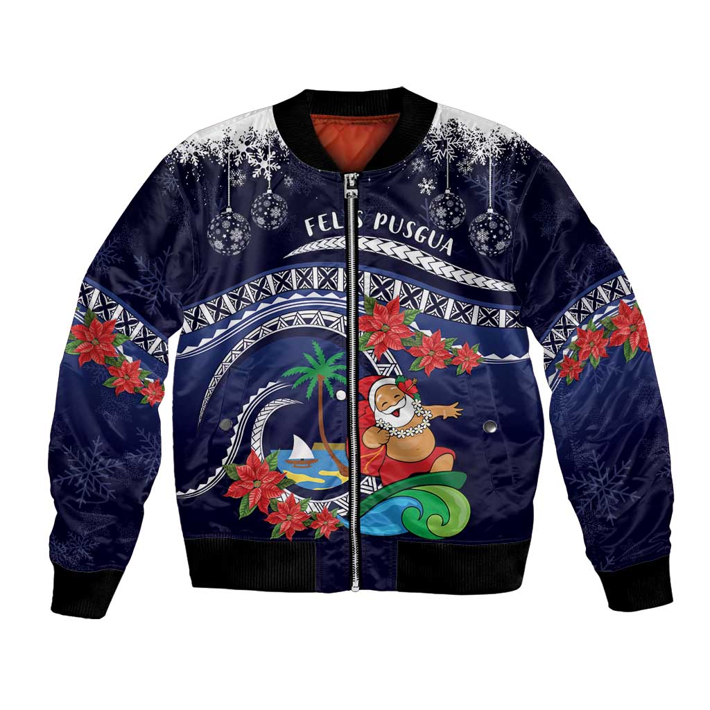 Felis Pusgua Guam Santa Bomber Jacket Merry Christmas with Polynesian Tribal LT9 Unisex Blue - Polynesian Pride