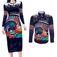 Felis Pusgua Guam Santa Couples Matching Long Sleeve Bodycon Dress and Long Sleeve Button Shirt Merry Christmas with Polynesian Tribal LT9 Blue - Polynesian Pride