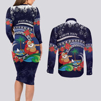 Felis Pusgua Guam Santa Couples Matching Long Sleeve Bodycon Dress and Long Sleeve Button Shirt Merry Christmas with Polynesian Tribal LT9 - Polynesian Pride