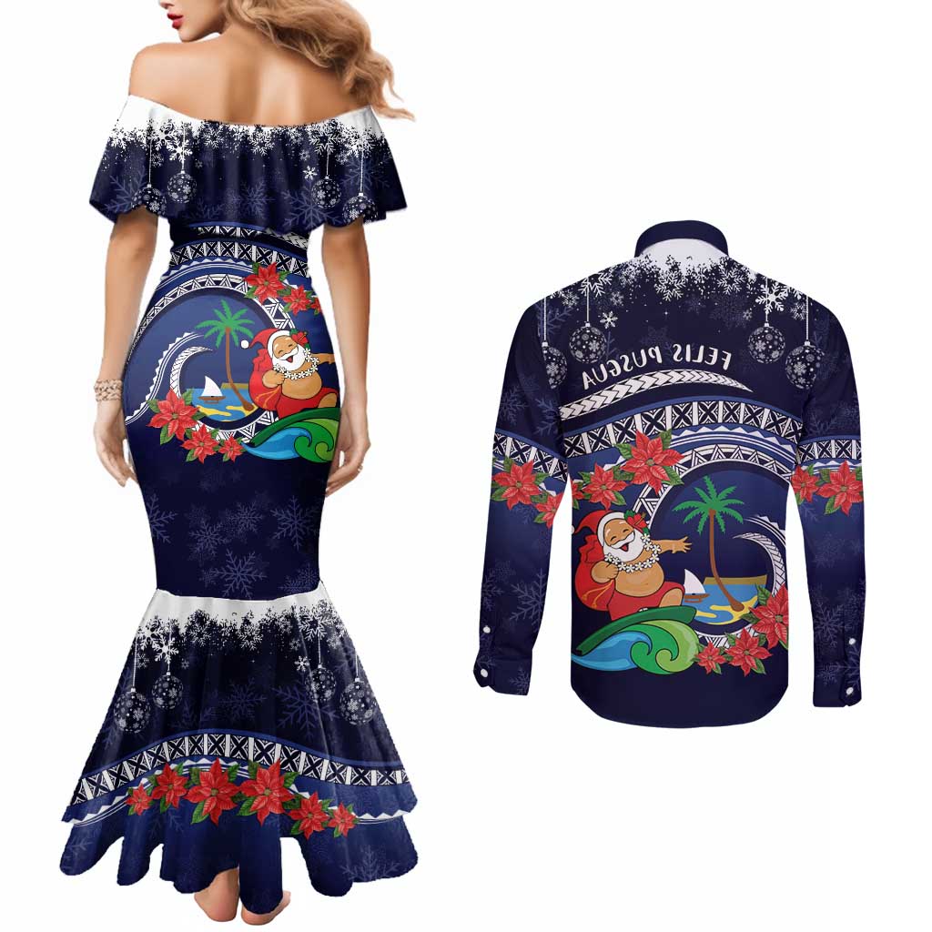 Felis Pusgua Guam Santa Couples Matching Mermaid Dress and Long Sleeve Button Shirt Merry Christmas with Polynesian Tribal LT9 - Polynesian Pride