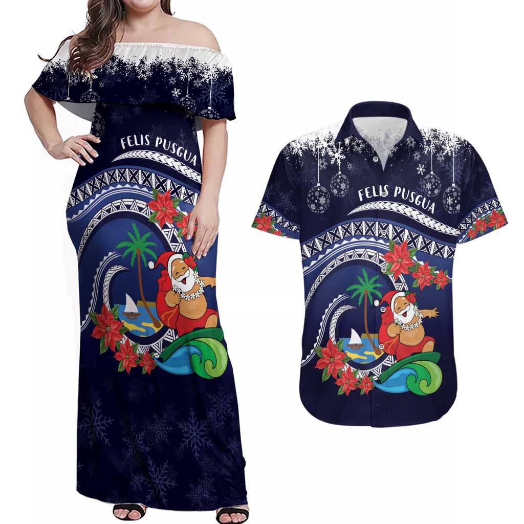 Felis Pusgua Guam Santa Couples Matching Off Shoulder Maxi Dress and Hawaiian Shirt Merry Christmas with Polynesian Tribal LT9 Blue - Polynesian Pride
