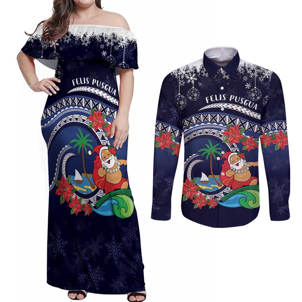 Felis Pusgua Guam Santa Couples Matching Off Shoulder Maxi Dress and Long Sleeve Button Shirt Merry Christmas with Polynesian Tribal LT9 Blue - Polynesian Pride